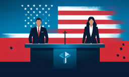 two people are standing at a podium while an american flag is behind them