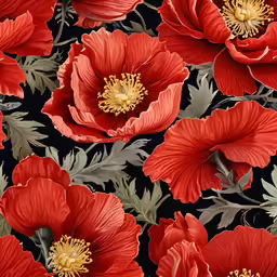 red flowers on black background with leaves and petals