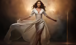 a woman is standing on the floor in a dress