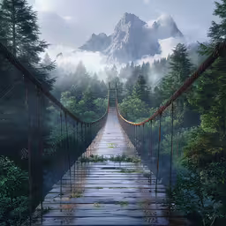a suspension bridge suspended above the jungle near the mountains,there is a long bridge with no people on it