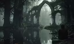 a man sitting by a pool in a forest at night