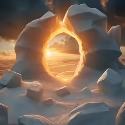an artistic scene of snowy and icy rock formations with a sunset in the background