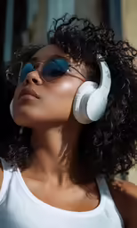 a woman wearing headphones looking off into the distance