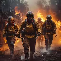 a group of firefighters running from a building on fire