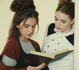 two girls are standing next to each other reading a book