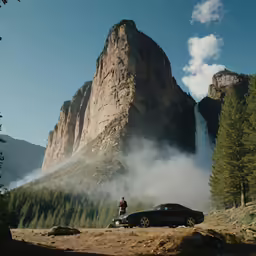 a black car is parked near mountains with trees