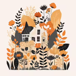 the white house in the floral field is framed by the large orange flowers