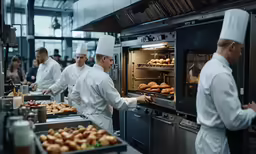 several people in white uniforms with food in ovens