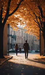 some people walking down a street near some trees