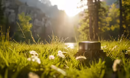 the sun shines on the grass that is in front of trees
