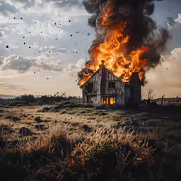 a building on fire in an open field