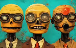 three skeletons that are wearing suits and glasses