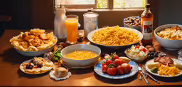 a table is covered with different bowls and plates of food,a wooden table with bowls of food and cups of drinks