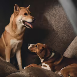 a dog sitting next to another dog on a chair
