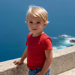 a little boy wearing a red shirt is standing on a ledge