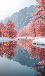 an image of red trees in the snow by a lake