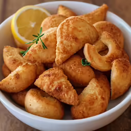 a bowl full of fried cheese rolls next to a slice of lemon