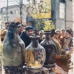 an old time photo of people admiring vases