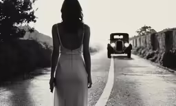 a woman is standing on a road in the rain