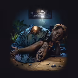 man laying on bed in dark room with hand over shoulder