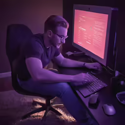 a man sitting at a computer desk with a monitor and keyboard
