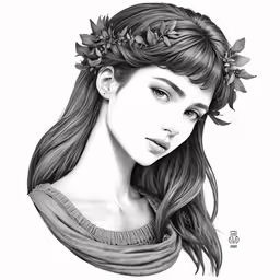 a drawing of a young woman with flowers in her hair