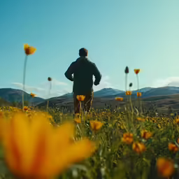 a man is standing in the field by flowers