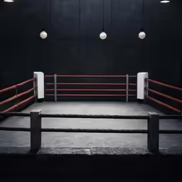 two lights are hanging from the ceiling above the boxing ring