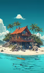 there is an island with a house on it