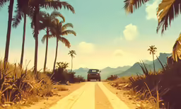 a truck driving down the road towards palm trees