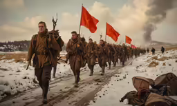 men walking in line while carrying flags