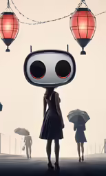 the woman with an umbrella stands in front of lanterns