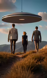 three people walking away from a man and woman with a flying object overhead