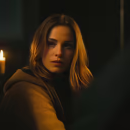 a woman looks down while holding a candle