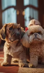 two little dogs sitting next to each other on the ground