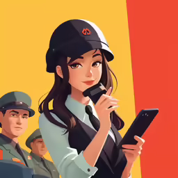 a woman is in front of a group of uniformed men and holding cellphones