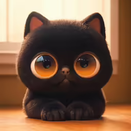 a close up of a black cat with a big yellow eye