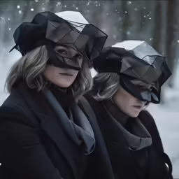 two women dressed in all black clothing and covering their faces with a mask