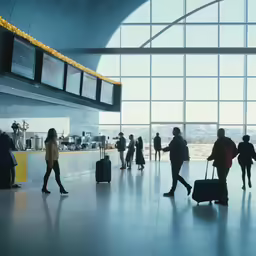 a group of people are walking in a large airport