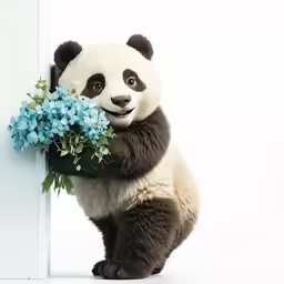 a panda bear holding a bouquet of blue flowers
