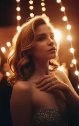 the image shows a woman in a dark dress, looking to her left