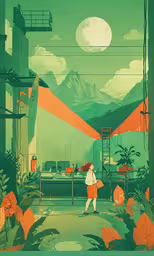 an illustration shows a person walking in front of a bench,a person standing in front of a green background