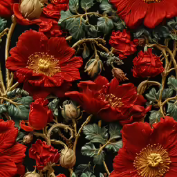 a group of red flowers sitting on top of green leaves