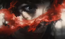 a woman with fire on her neck under her eye