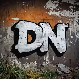 graffiti written on the side of a wall with a d n underneath