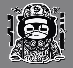 an illustration of a cartoon character, which appears to be dressed in the same outfit as the image above, in black and white,a black and white sticker with a person wearing a gas mask