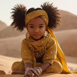 a little girl is sitting on the sand with a head scarf