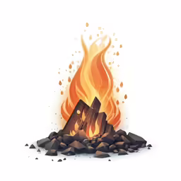 there is an illustration with orange flames and black stones