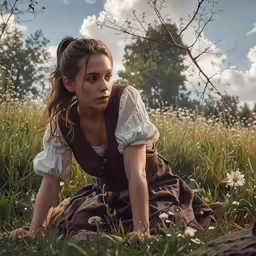 a woman in an old fashioned dress sitting in the grass
