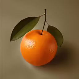 an orange with leaves on the top is shown in an image